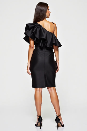 One Shoulder Bodycon Black Cocktail Dress with Ruffles